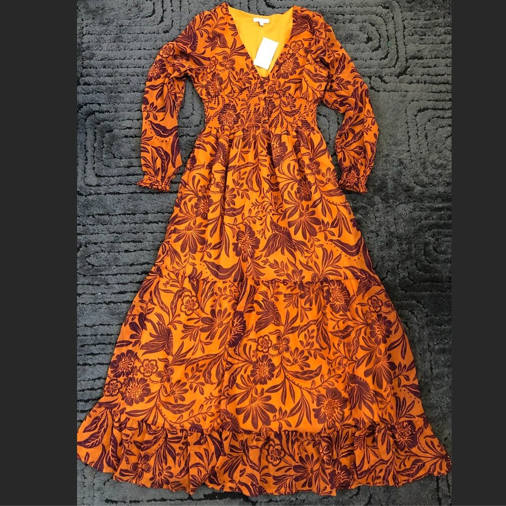 NWT Patrons of Peace maxi dress floral long sleeve SMALL orange BOHO vibes!